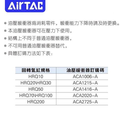 亚德客HRQ气缸油压缓冲器A/CA1006752/1251416/205/2725-A1安装附