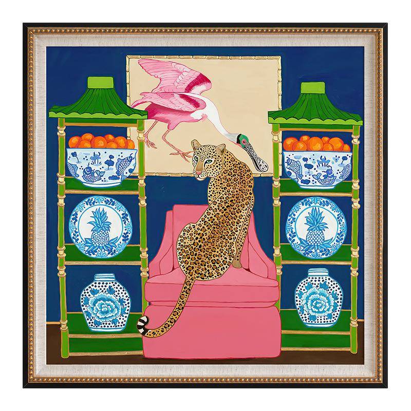 法式中国风青瓷豹挂古画美式厅复小花众艺术客装饰画餐厅玄IRL关