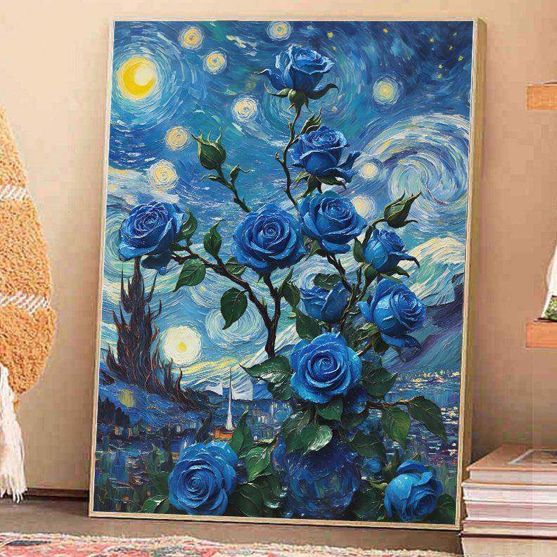 玫花瑰卉钻石画满HMX钻客小厅卧室梵高星空风景手十字工绣幅5d钻