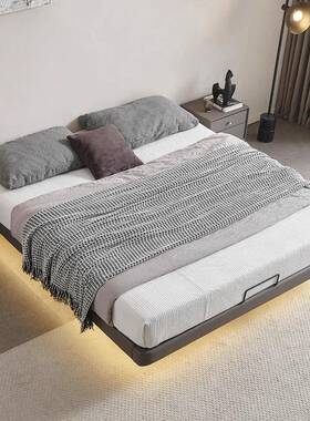 现浮代1简约悬床床头皮床实应木床架意无式极简无靠背双人床带感