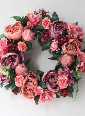 礼美式绢婚房装饰花门饰结婚婚庆别墅A13074装牡丹花环摆放挂饰壁