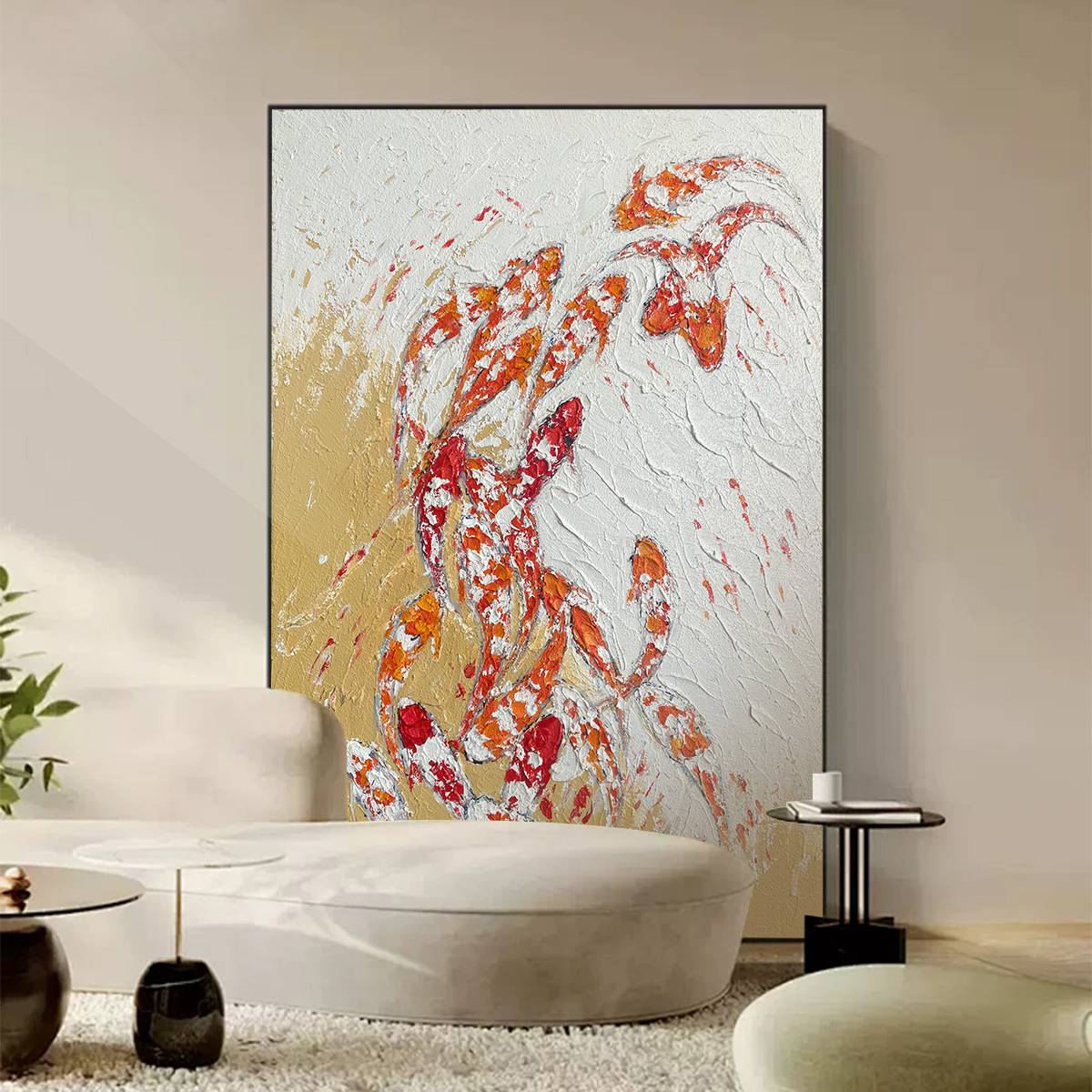 手绘油画砂岩肌理纯立体红色挂装饰画客厅鲤鱼画玄关锦鲤新中式画图片