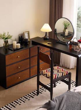梳NMW台卧室古复古风桌实木化妆胡桃木中风妆梳妆台斗柜一体