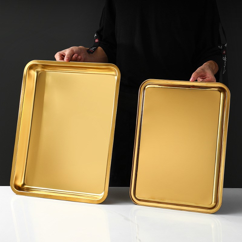 304特厚不锈钢金色托盘方盘烧烤盘小吃盘子火锅T菜盘饺子盘快餐盆