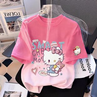 女童渐变色纯棉短袖t恤夏季新款中大童防刺绣Kitty猫洋气打底上衣