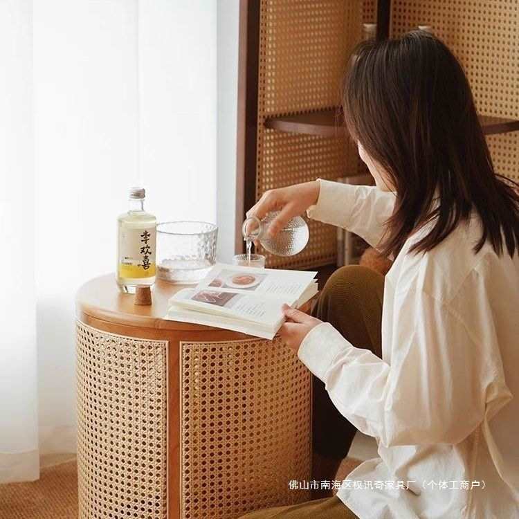 藤编实木日式客厅收纳床头柜家用沙发简约桌子纸篓圆形茶几茶桌