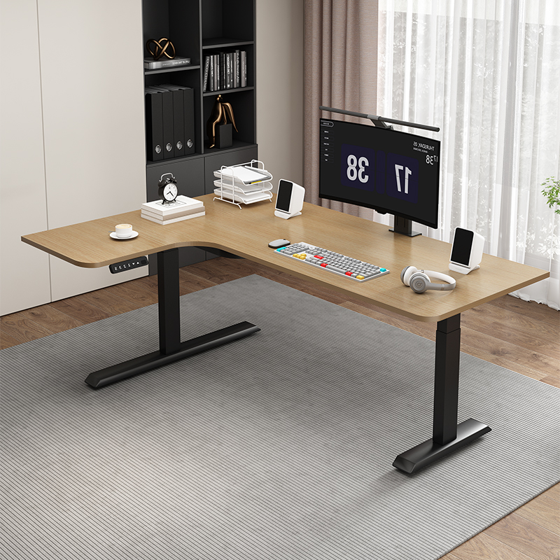 转角电动升降桌实木家用办公桌学习书桌L型工作台V拐角升降电脑桌