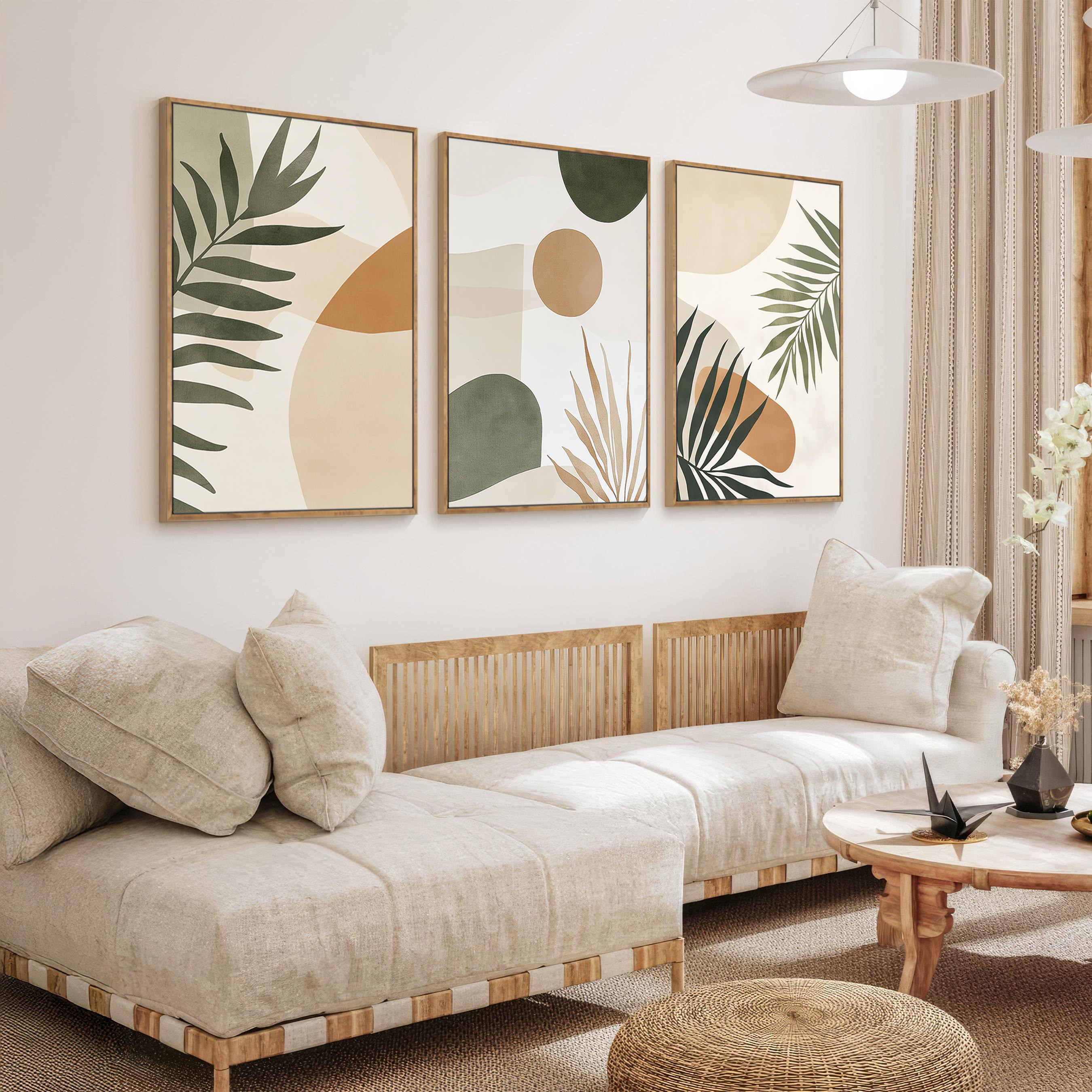 现代简约植物叶子装饰画客厅卧室奶油原木风挂画三联画北欧风壁画