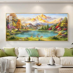 聚宝盆客厅沙发背景墙装s饰画手绘油画西墙聚财山水挂画轻奢高级