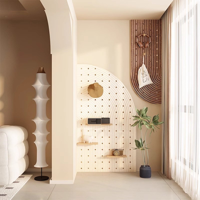 奶油风洞洞板置物架实木定制入户玄关造型L墙仿肌理装饰收纳展示