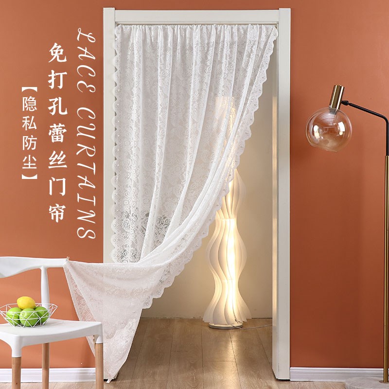 免打孔安装纱帘伸缩杆门帘简易少女法式蕾丝窗帘遮挡帘网红隔断帘