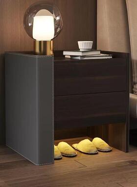 实RAE木床头柜约简简现代卧极网红马室鞍皮收纳柜高端免安装床边