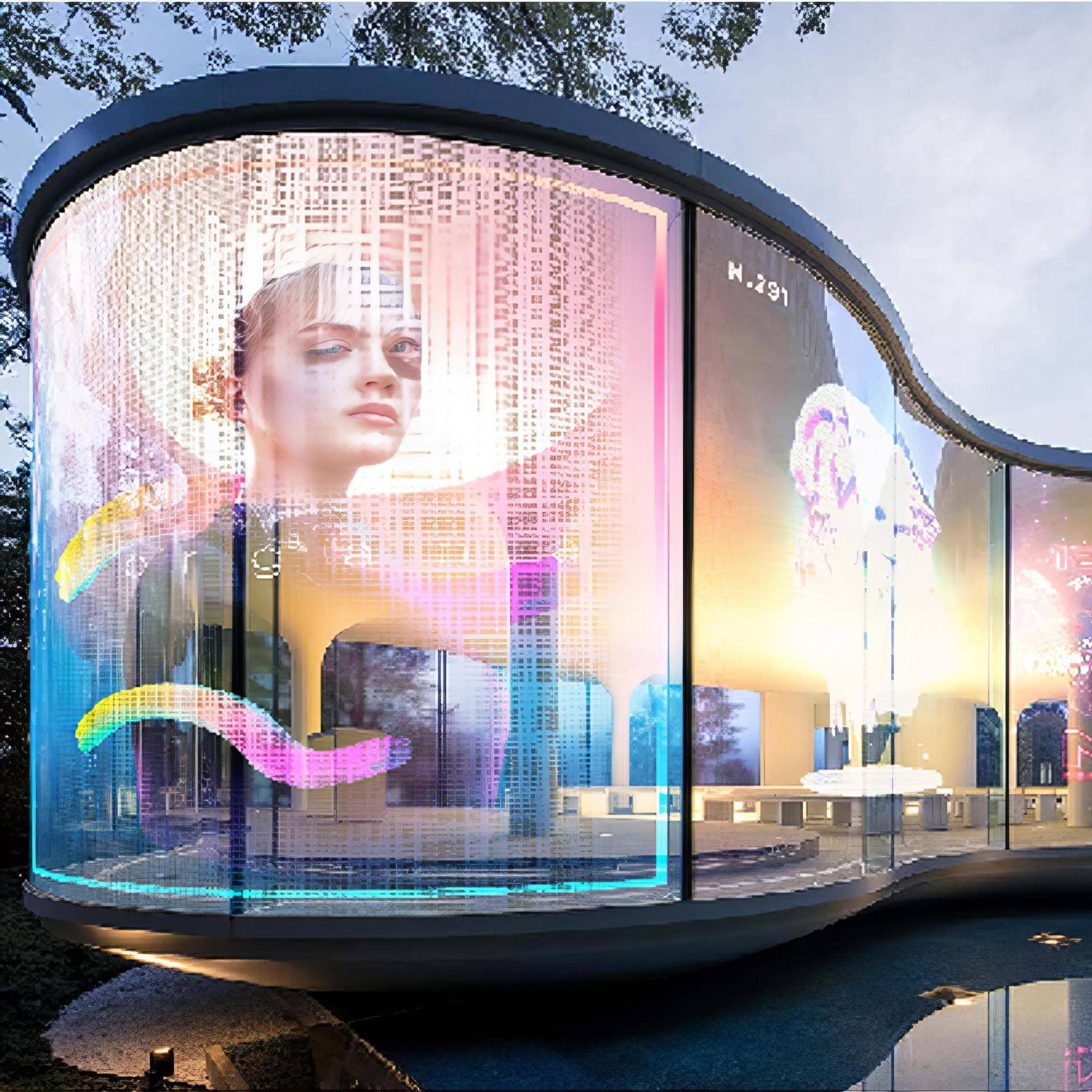 LED室内%显示屏透光格护栏柔性NGQ贴膜电屏分90辨子率