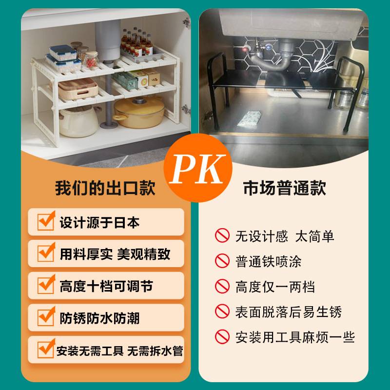 厨房下水槽置物架可伸缩橱柜分层架子卫生间水池内管道隔板收纳架