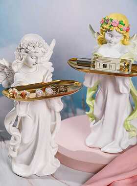 北欧祈祷天使托盘客厅玄关钥匙收纳盘创意欧式复古少女树脂工艺品