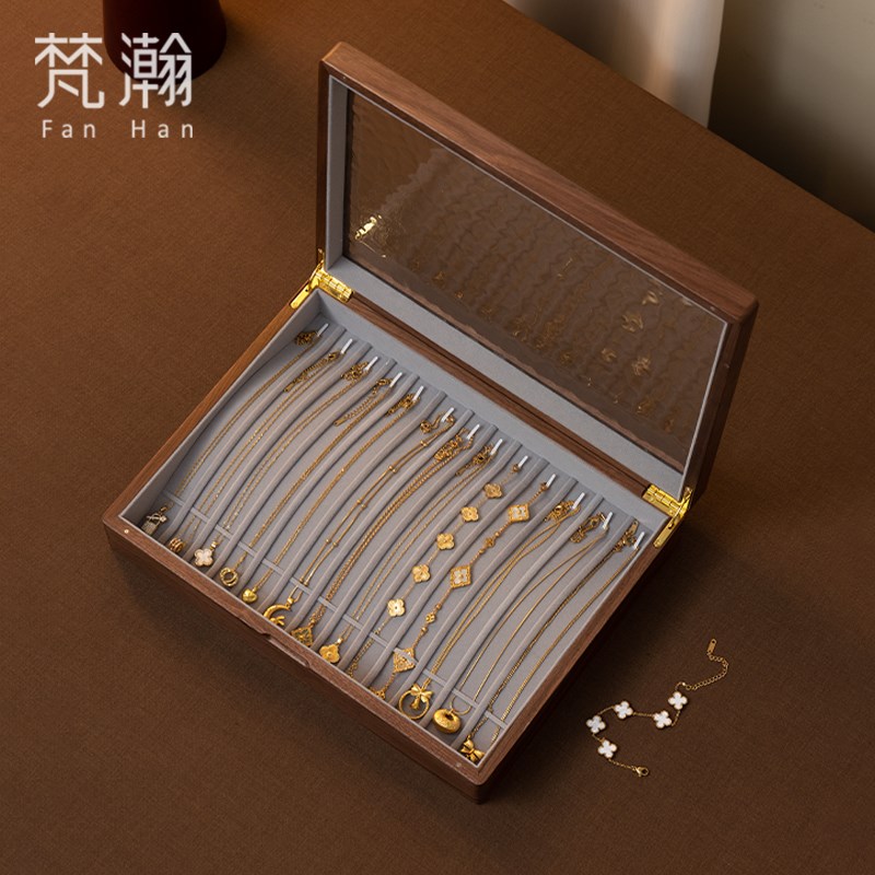 梵瀚实木项链收纳盒水波纹玻璃氛围感珠宝首饰盒大容量脚链手链盒