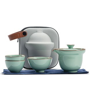 简约 厚湖窑汝窑开片快客杯防烫陶瓷一壶三杯便携旅行功夫茶具套装