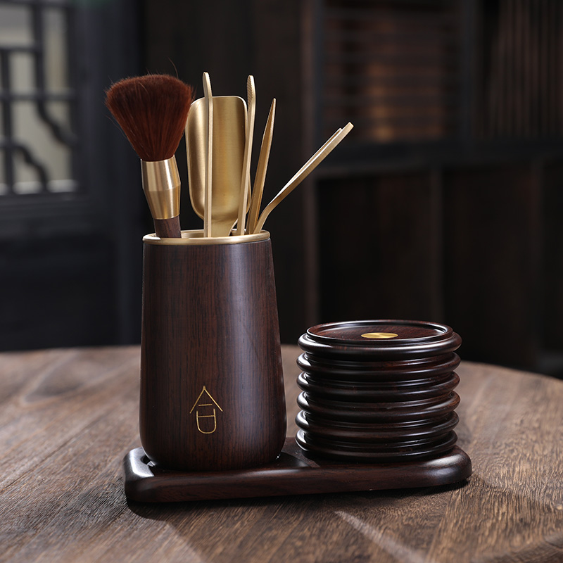 黑檀茶具六君子套装功夫茶具配件实木泡茶工具杯垫杯托铜茶刀高档