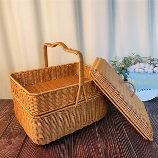 W086仿藤编带盖子双层手工家用买菜长方形菜篮手提收纳篮425