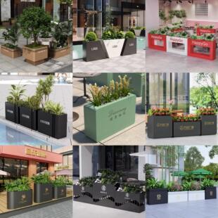户外铁艺组合花箱隔断木纹花架市政道路围栏花坛商业街奶茶店花盆