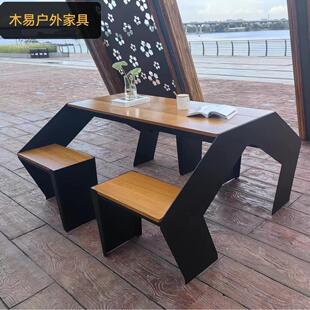 户外桌椅组合庭院花园长桌连体套件餐厅咖啡厅露天不锈钢外摆桌椅