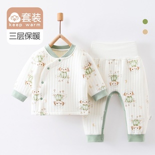 三层夹棉保暖a类春秋新生儿衣服男女宝宝爬爬服 婴儿高腰套装