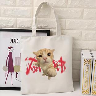 权威拳头帆布袋小猫表情包网红猫meme单肩包沙雕搞怪学生手提书包