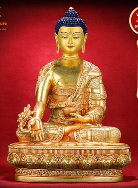 药师佛佛像摆件纯铜彷尼泊尔精工全鎏金雕花藏密宗琉璃光如来佛像