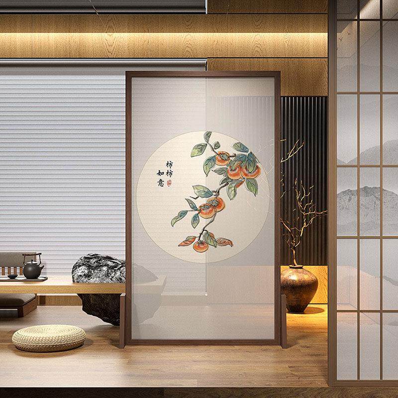 新中式屏风隔断卧室餐厅客厅入户门楼梯遮挡柿柿如意图可移动座屏