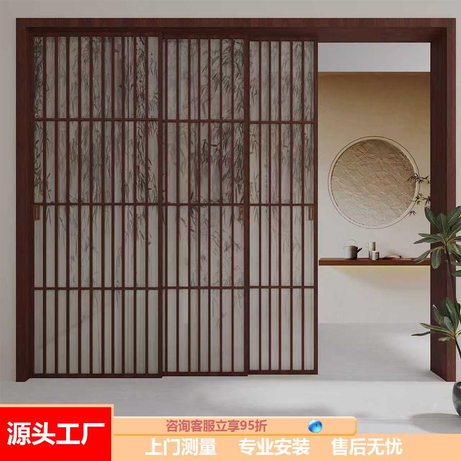 新中式竹影玻璃拉门厨房阳台三联动吊轮平移门钛镁铝合金隔断门