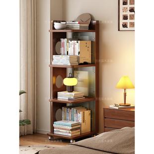 实木旋转书架家庭客厅中世纪风格 角落书架卧室床边 地板到天花板