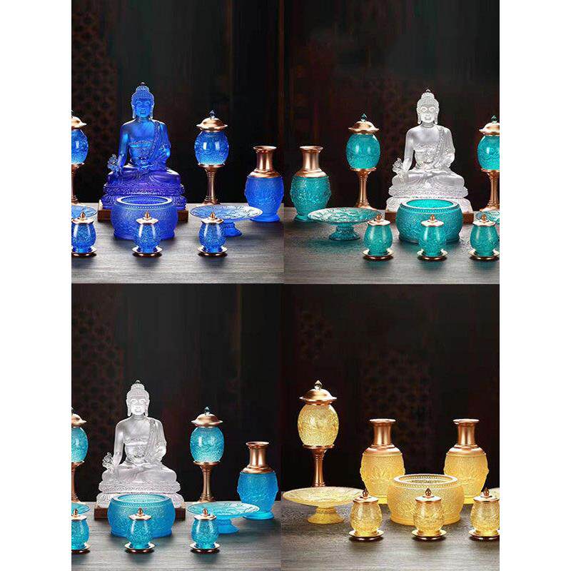 琉璃莲花佛具套装家用礼佛供具香炉果盘净水杯供灯花瓶莲花灯佛堂