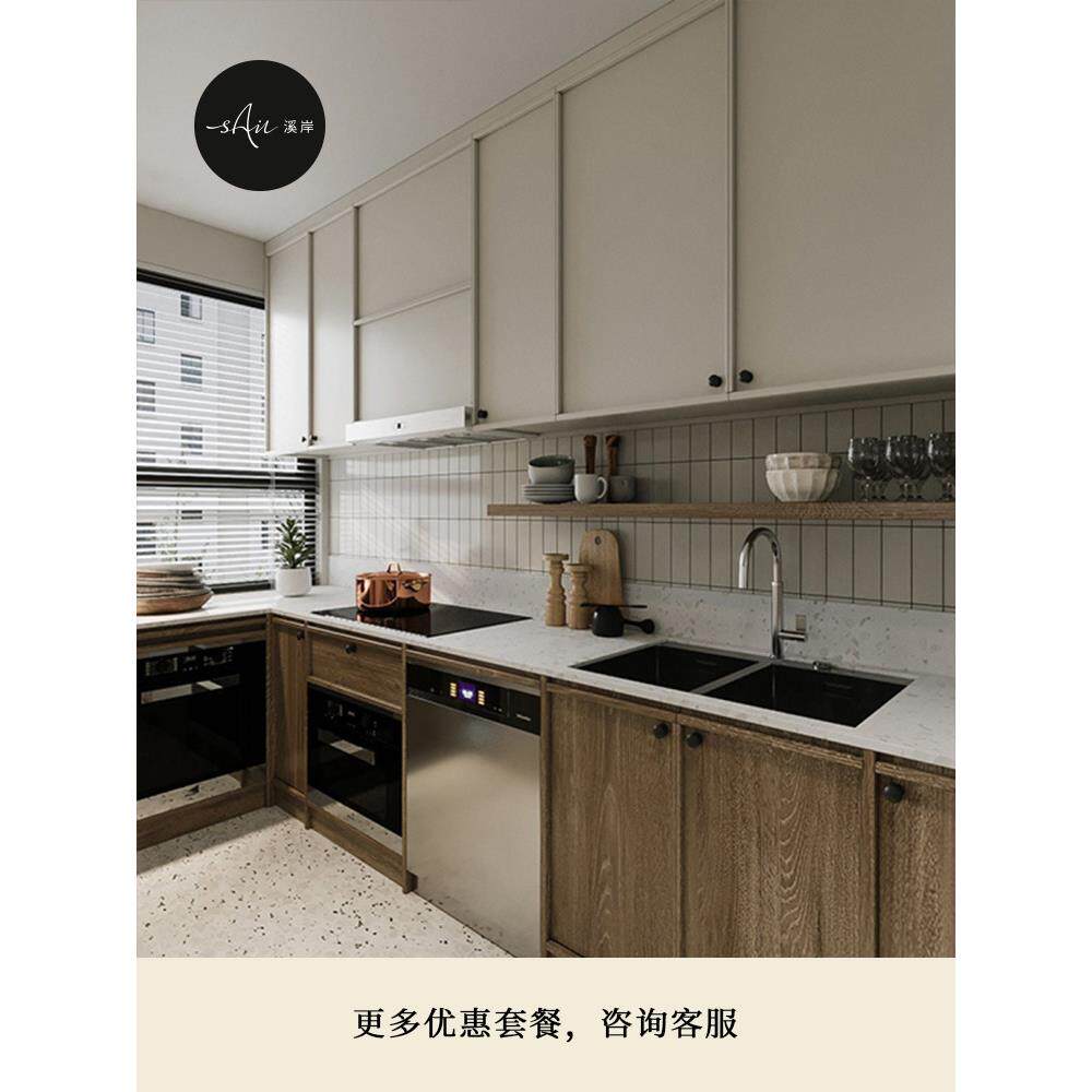 溪岸现代轻奢橱柜小户型厨房橱柜L型橱柜定做石英石台面厨柜装修