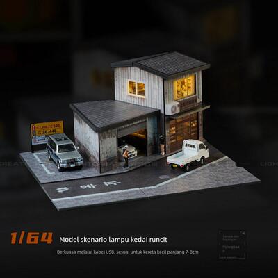 光影造物1/64 杂货店灯光场景 微缩停车位场景 模型 建筑摆件