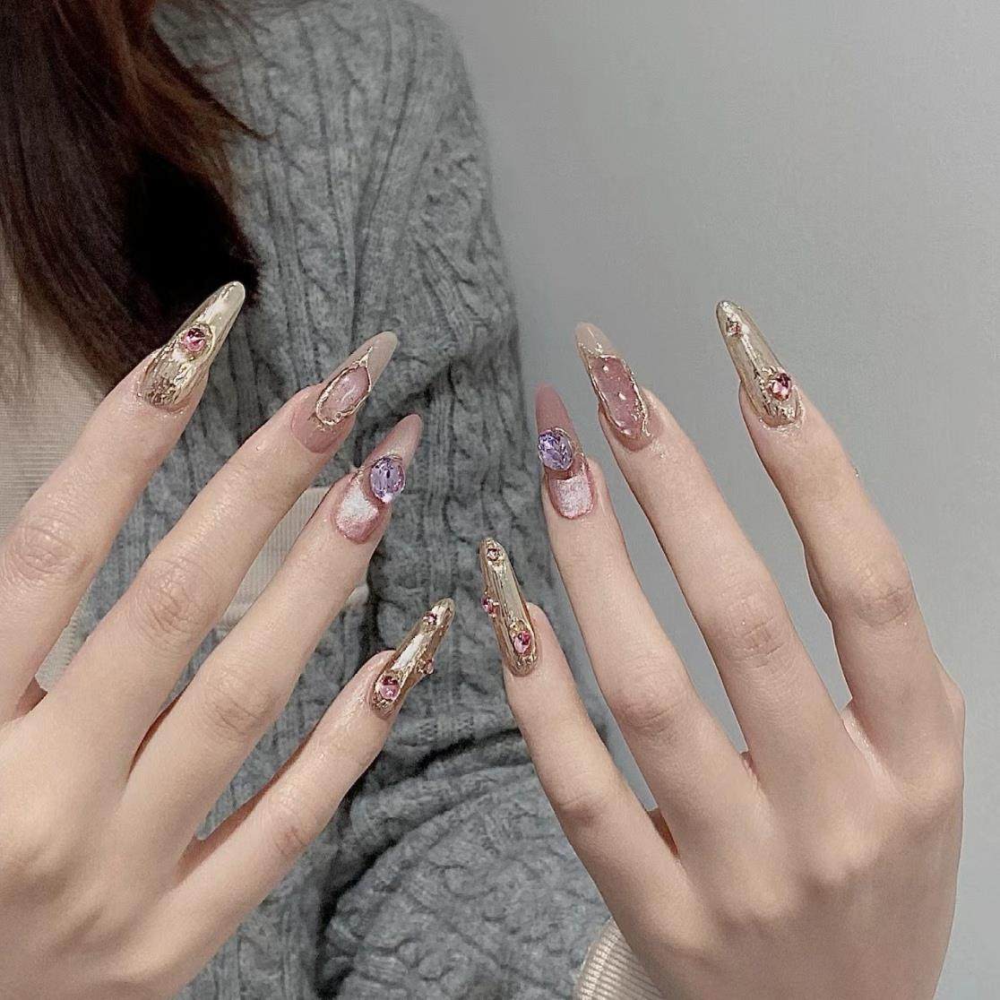 纯手工光疗穿戴甲富贵奢华美甲布契拉提覆古美甲猫眼显白新娘甲片