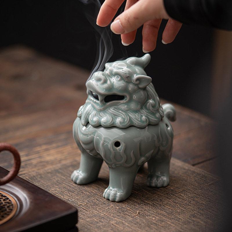 狻猊青瓷陶瓷盘香炉 越窑工艺礼品摆饰薰香摆件倒流香薰炉家居香