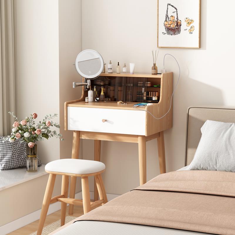 日式梳妆台小型50cm实木卧室迷你化妆台60cm小户型极窄带灯化妆桌