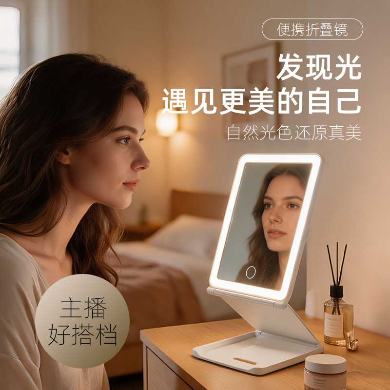 LED带灯大号折叠台式化妆镜家用