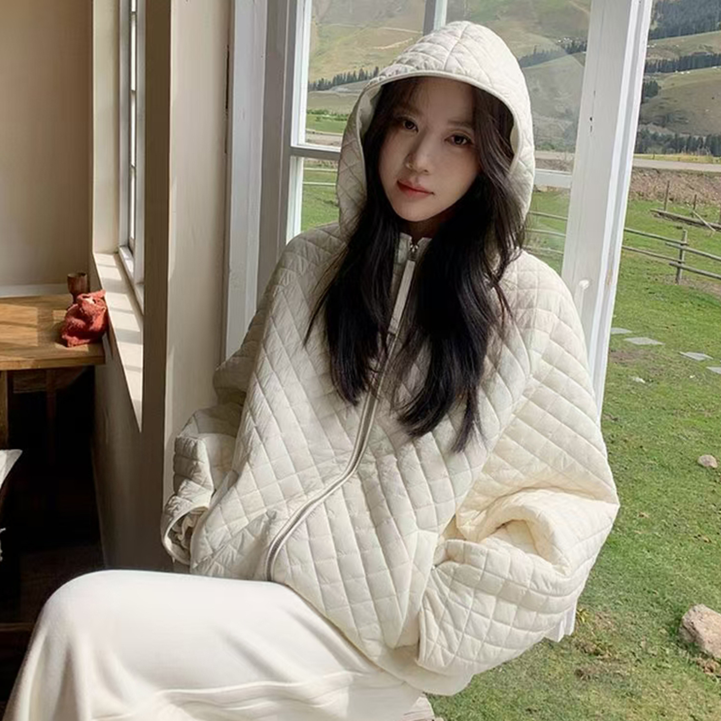 连帽宽松保暖棉衣菱形上衣棉衣女