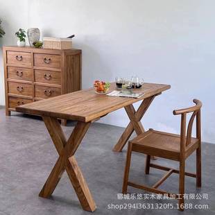 复古老榆木茶桌家用卧室学生写字桌加厚办公桌椅多人位餐桌大板桌