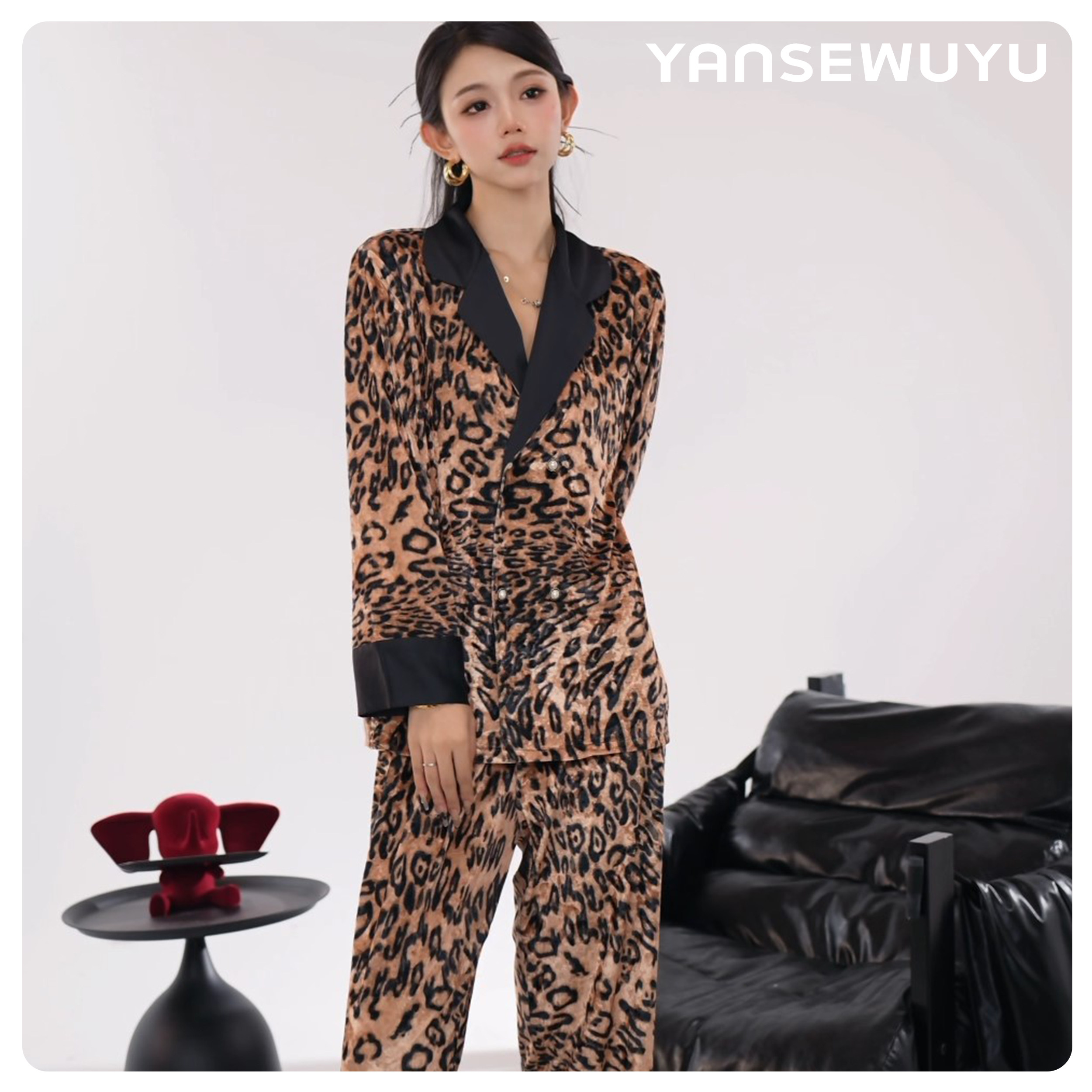 法式小众豹纹设计金丝绒睡衣套装