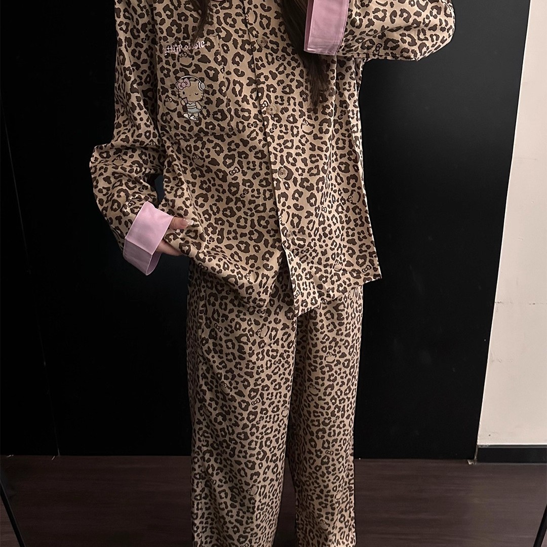法式豹纹Kitty印花真丝睡衣套装