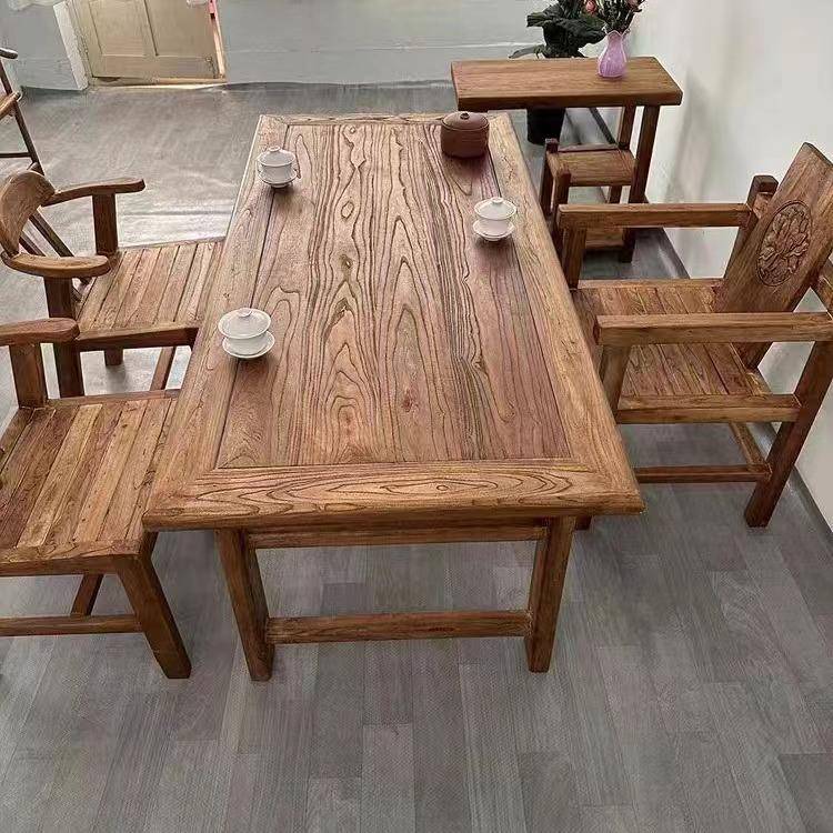 新中式老榆木茶桌家用小茶台实木民宿设计原生态阳台茶桌椅组合