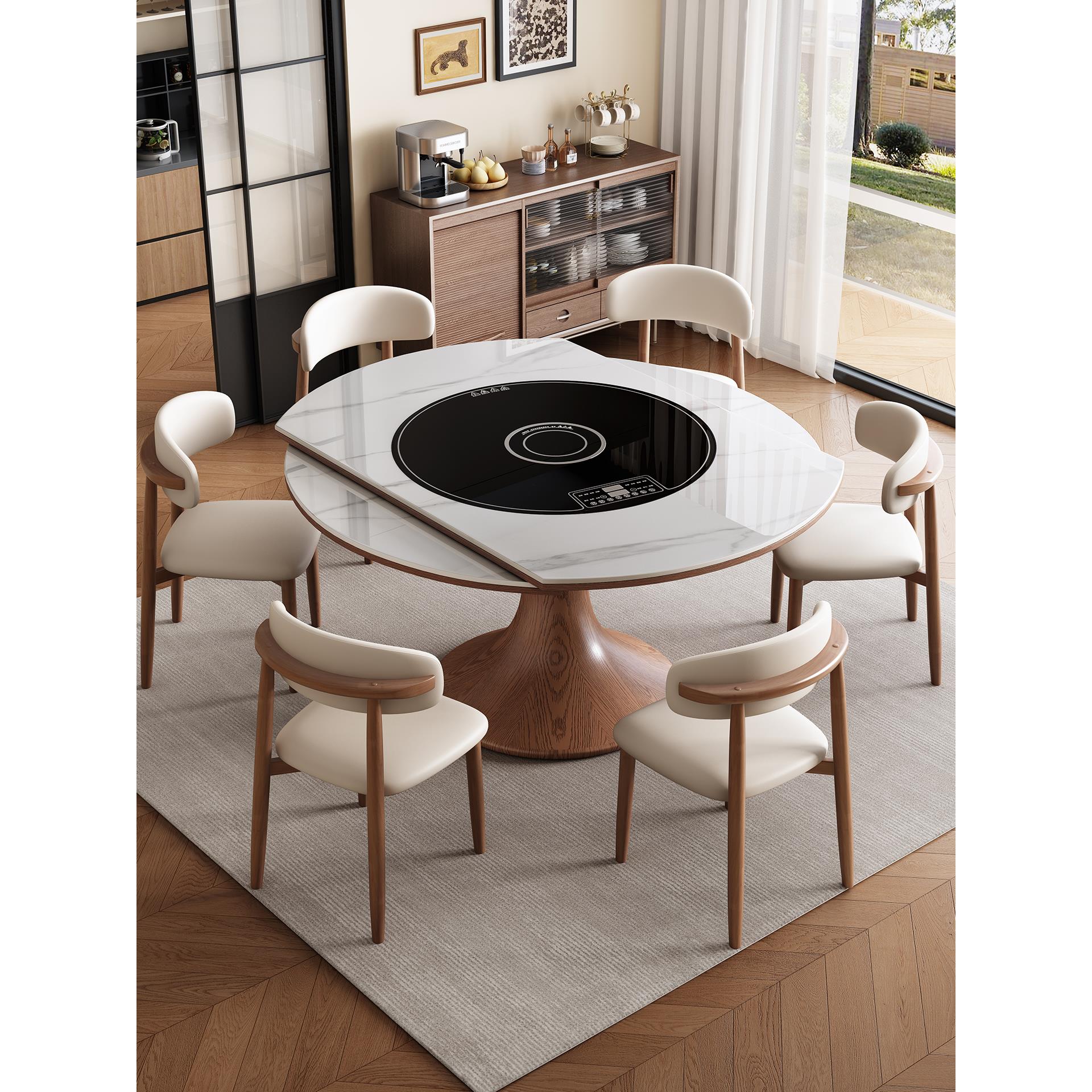 岩板折叠餐桌家用小户型多功能电动转盘电磁炉一体实木可变圆桌子