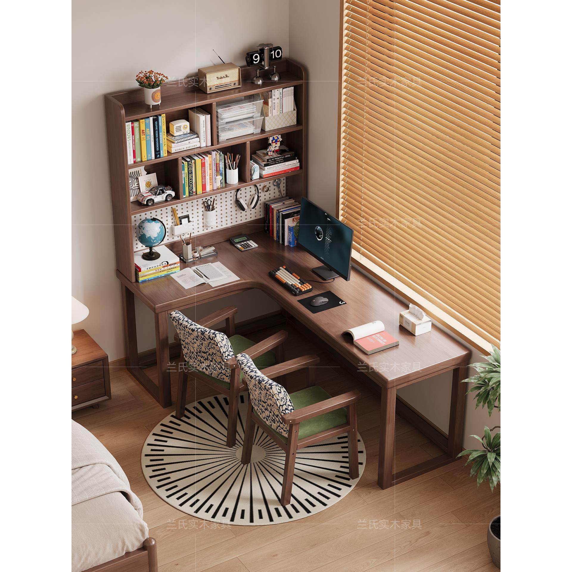 实木转角书桌书架一体桌子书柜组合拐角学习桌学生家用L型电脑桌