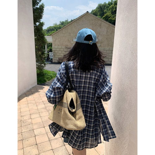 PRASE吕噜噜【格格屋】夏季显瘦格纹宽松上衣薄款百搭防晒衬衫女