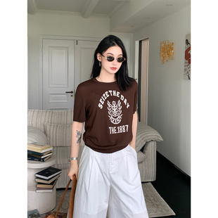 PRASE吕噜噜【拾光T】天丝羊毛夏季微胖显瘦撞色圆领短袖针织衫女