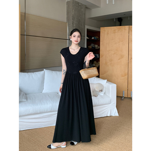 PRASE吕噜噜【匿名浪漫】夏季微胖显瘦蕾丝绣花针织A字连衣裙女