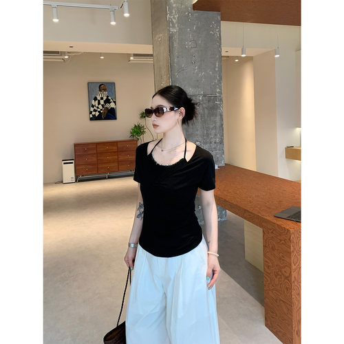 PRASE吕噜噜【焦糖柔褶】夏季微胖显瘦针织假俩件短袖天丝T恤女士