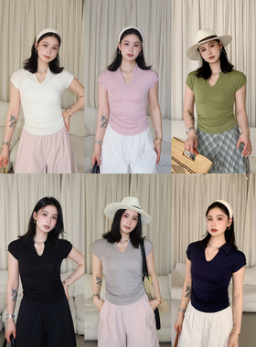 PRASE吕噜噜【窄腰T】天丝羊毛夏微胖显瘦休闲百搭收腰T恤v领上衣